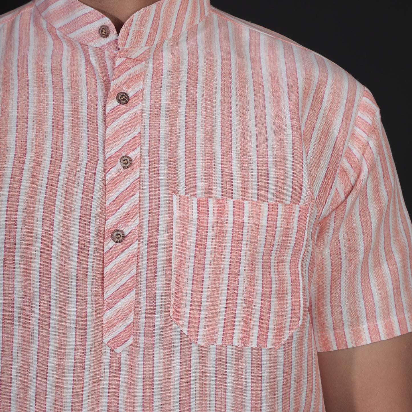 Rust stripe khadi kurta close-up placket contrast pattern