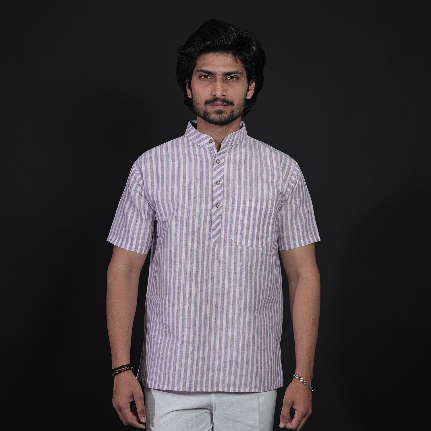 purple line pattern khadi short kurta front look