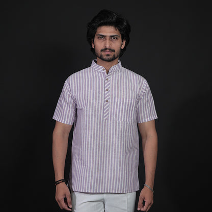 purple line pattern khadi short kurta front look