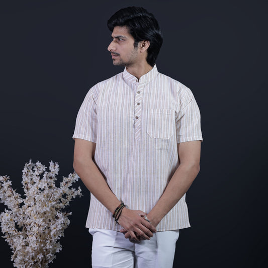 skin tone white striped khadi short kurta front clean look