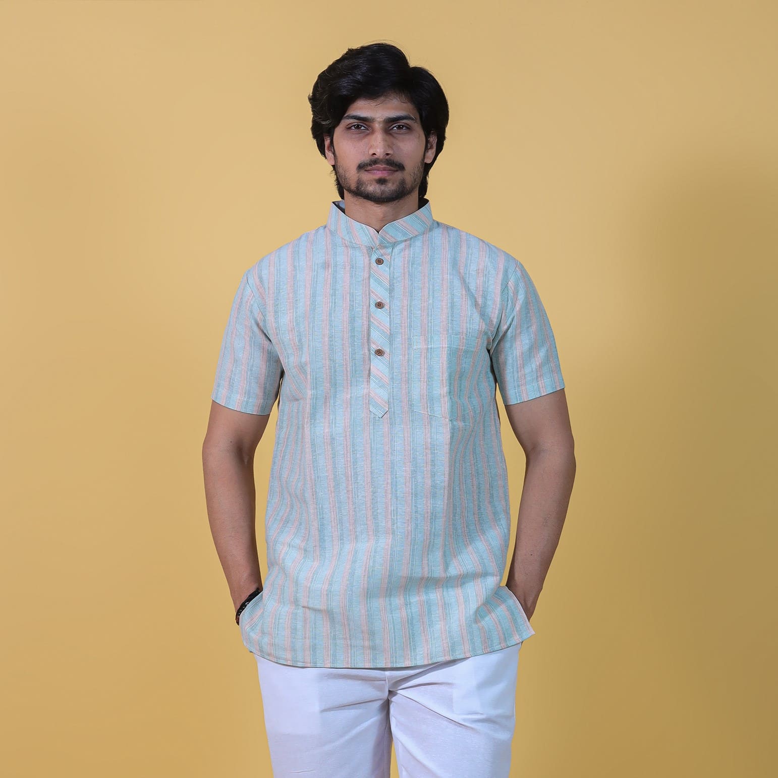 Front look of Green Wide Striped Half Sleeves Kurta for men
