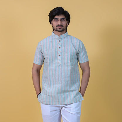 Front look of Green Wide Striped Half Sleeves Kurta for men