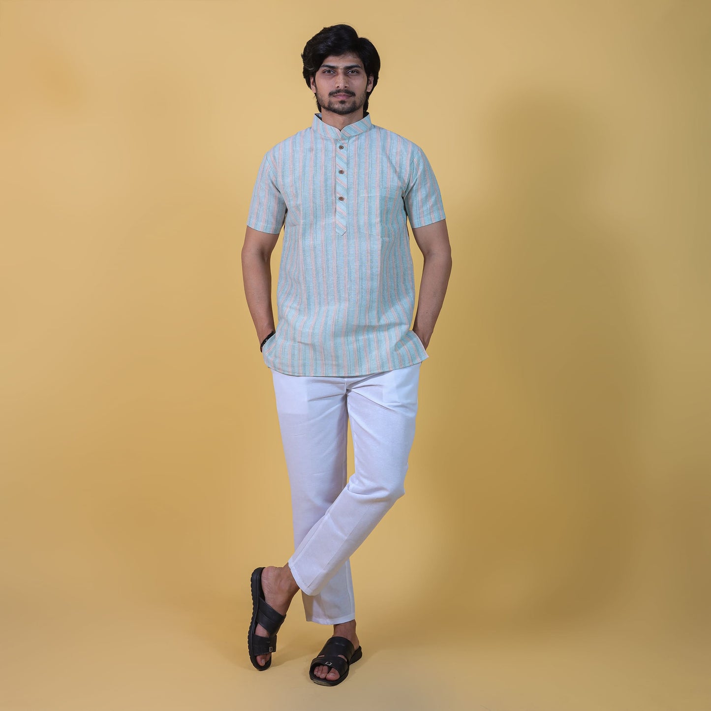Full outfit of Green Wide Striped Half Sleeves Kurta Pant Combo Set for men