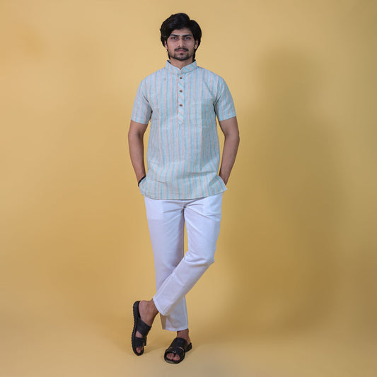 Full outfit of Green Wide Striped Half Sleeves Kurta Pant Combo Set for men