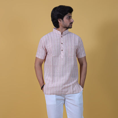 Light pink wide striped half sleeves kurta front look