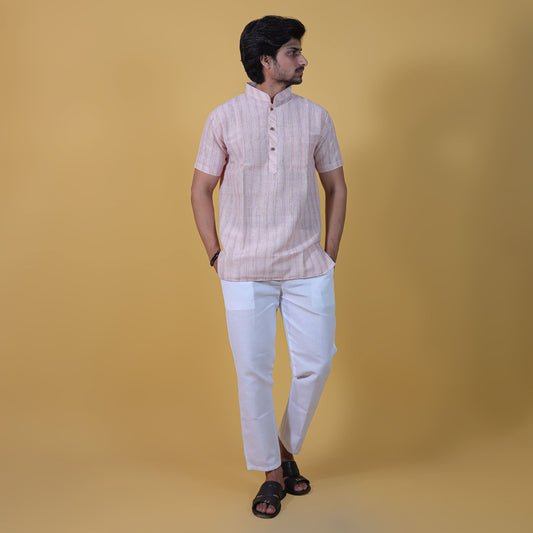 Light pink wide striped half sleeves kurta pant combo set front view for men
