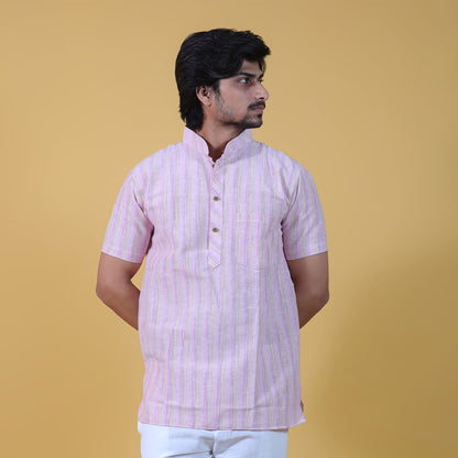 Pink Wide Striped Half Sleeves Kurta Pant Combo Set front view