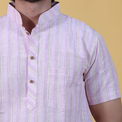 Pink striped khadi cotton kurta collar and pocket close-up