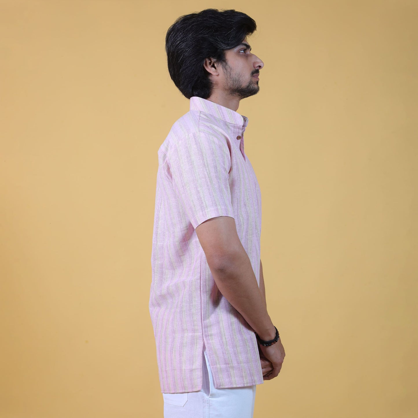 Pink wide striped khadi cotton kurta side profile of Men