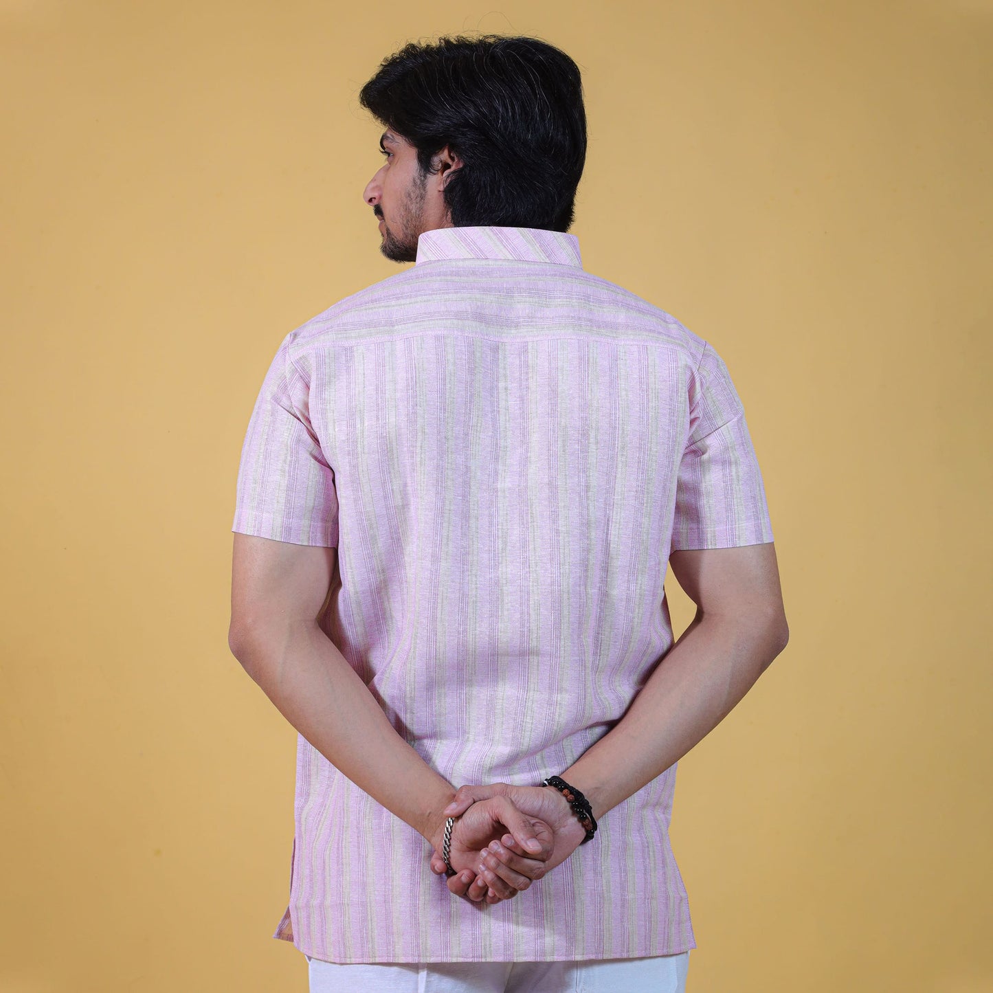 Pink striped khadi cotton short kurta back view for men