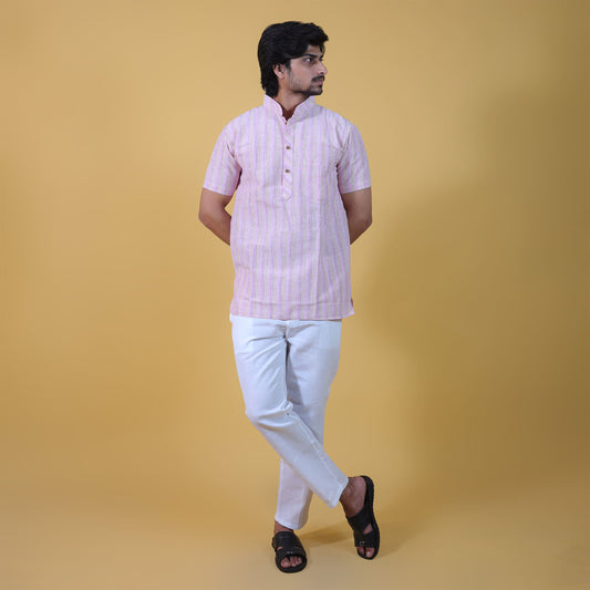 Men wearing Pink Wide Striped Half Sleeves Kurta & White Pant Combo Set