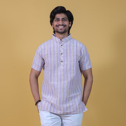 Front look of men wearing half sleeves purple wide striped khadi cotton kurta