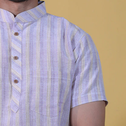 Close-up of purple striped khadi cotton kurta collar and pattern