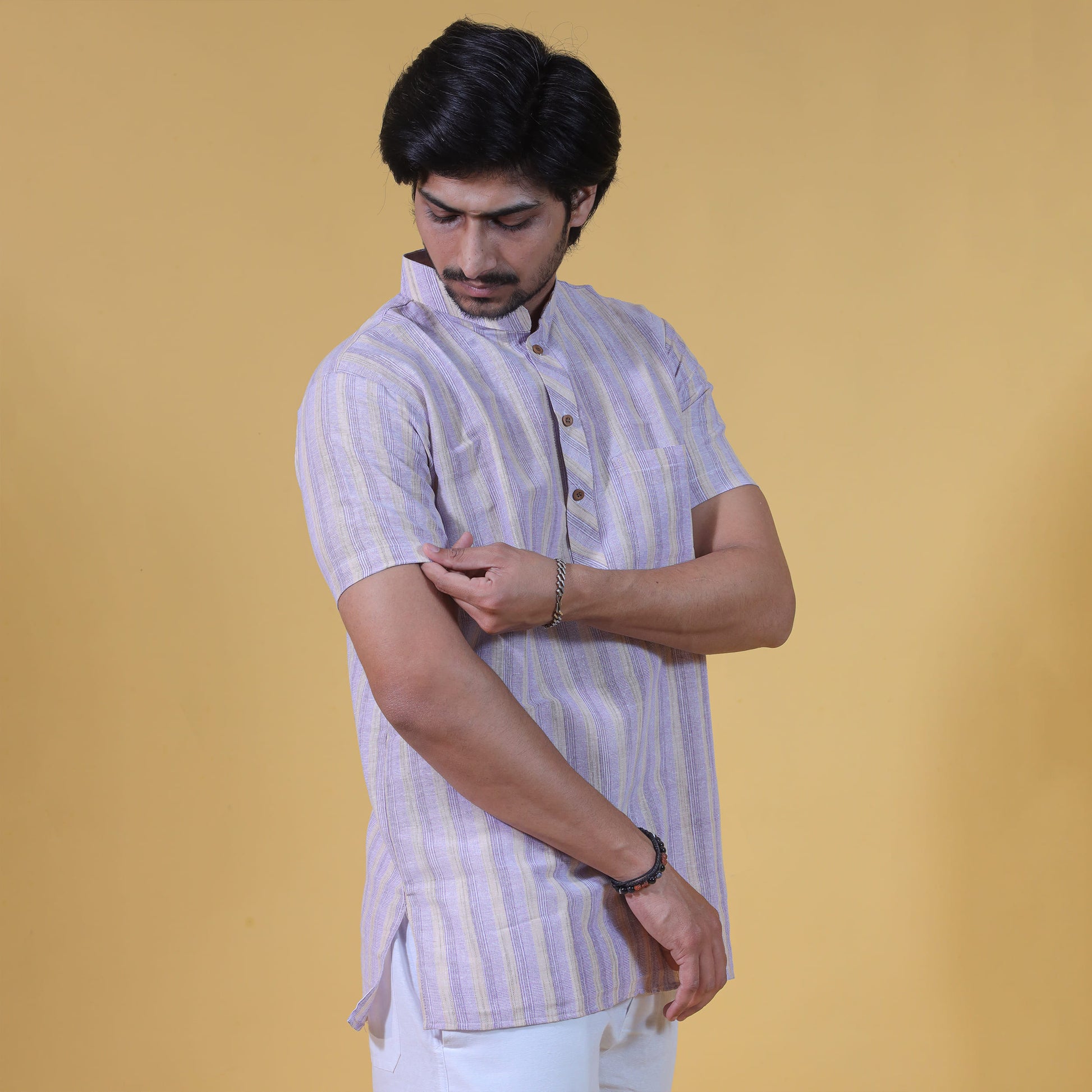 Men wearing half sleeves purple wide striped khadi cotton kurta & styling