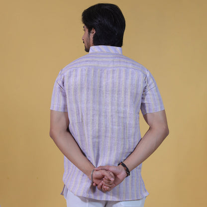 Back view of purple wide striped kurta for men