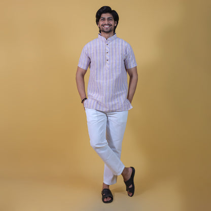Purple wide striped kurta pant combo set front look for men