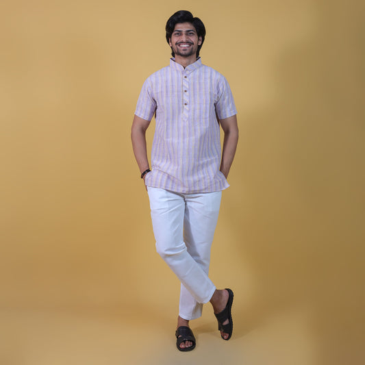Purple wide striped kurta pant combo set front look for men
