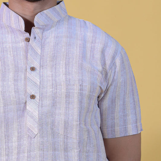 Mandarin collar beige striped kurta close-up design