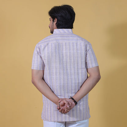 Back view of beige wide striped kurta for men