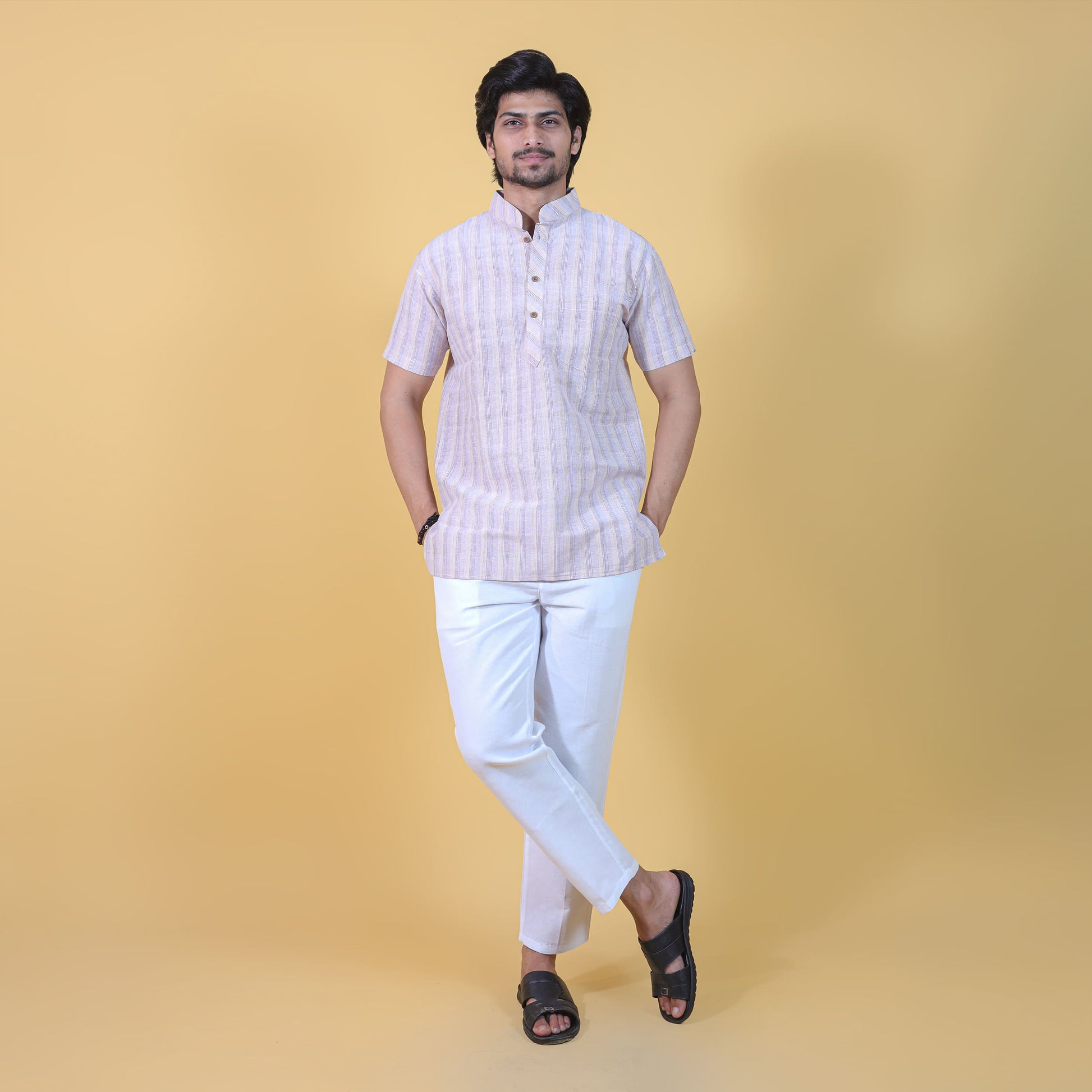 Beige wide striped half sleeves kurta pant combo set for men front view