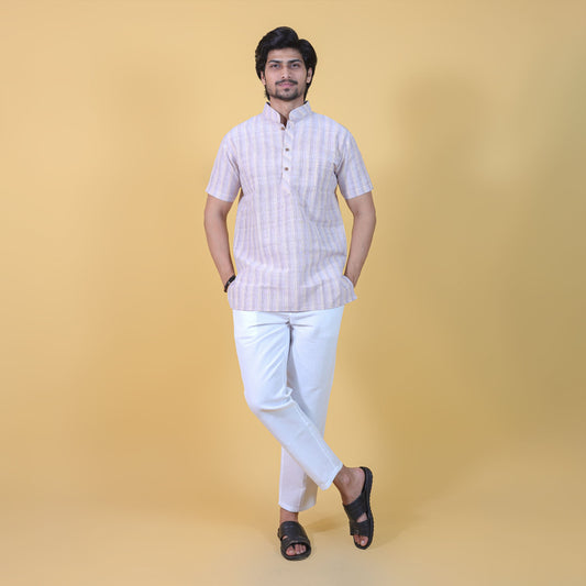Beige wide striped half sleeves kurta pant combo set for men front view