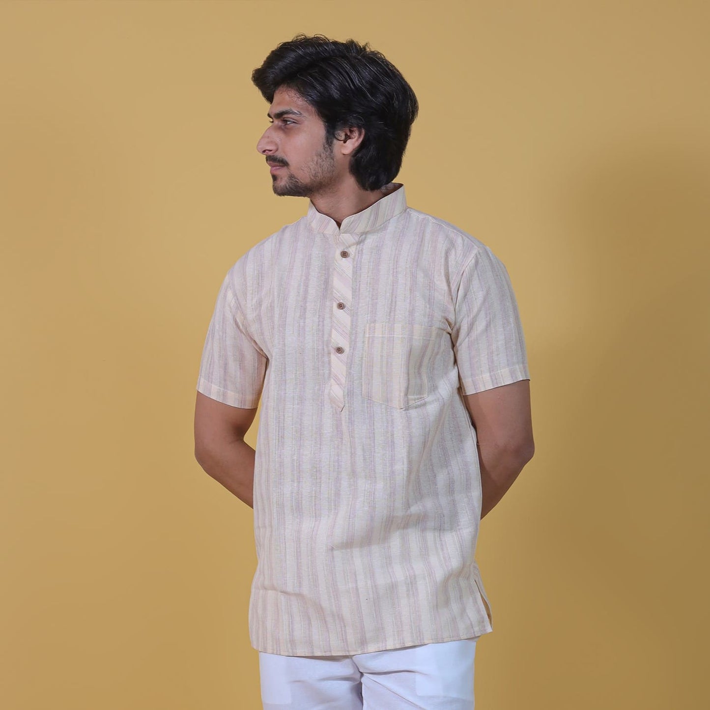 Yellow wide striped khadi cotton kurta front view for men