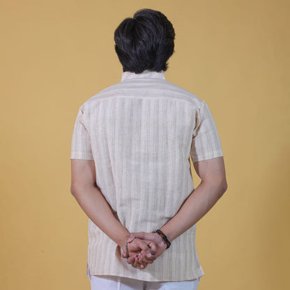 Back view of yellow wide striped kurta for men