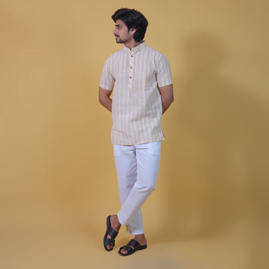 Yellow wide striped khadi cotton kurta pant combo set for men