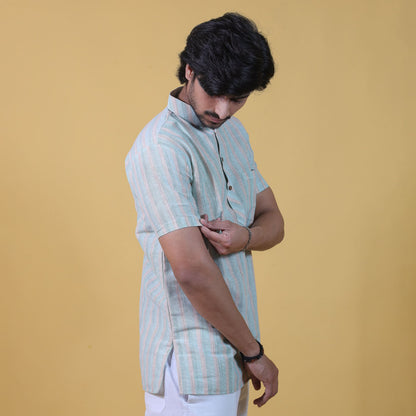 Side view green wide stripe half sleeves short kurta for men