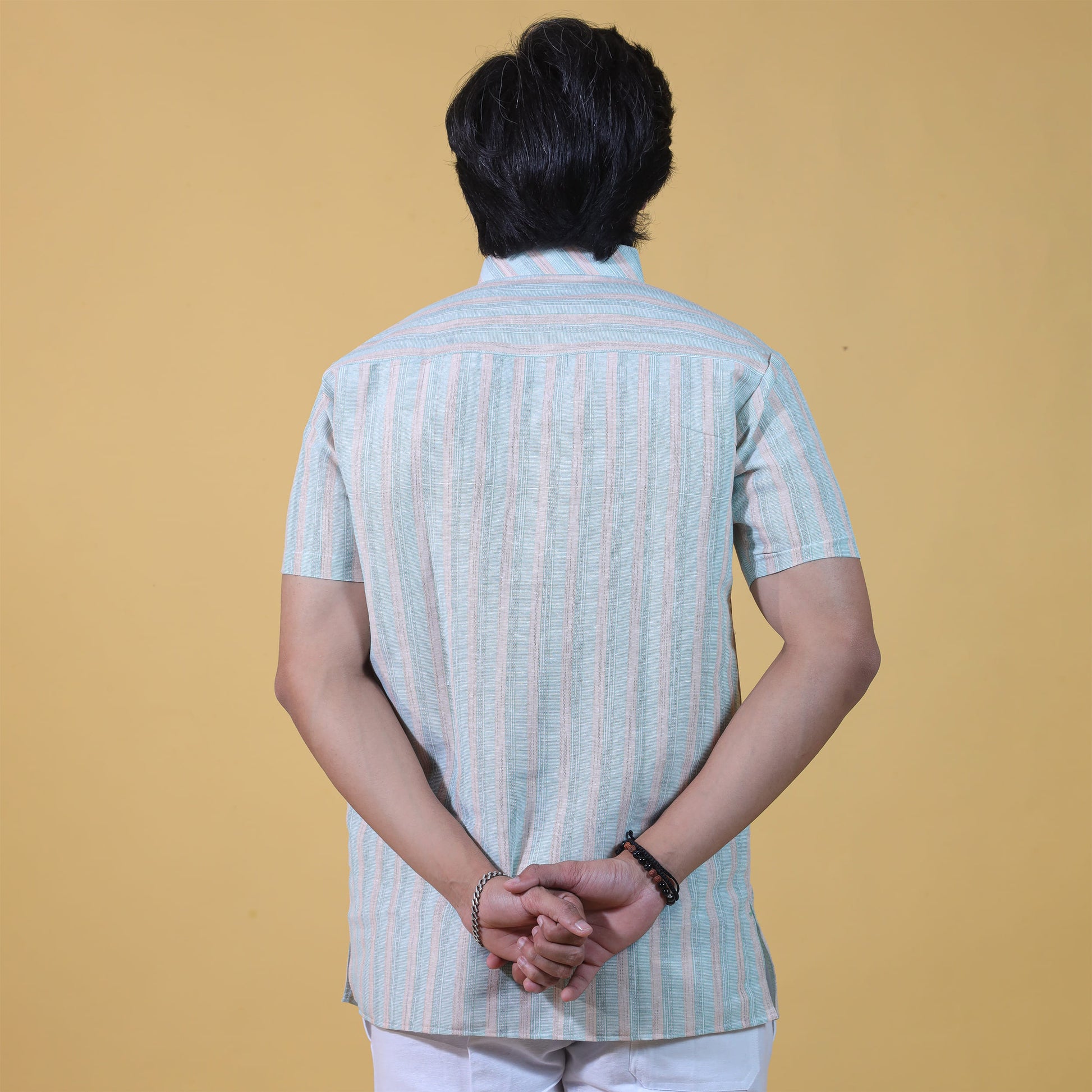 Back view green stripe khadi cotton short kurta
