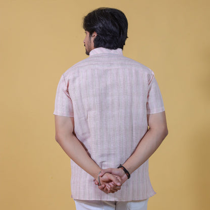 Back view light pink khadi cotton stripe kurta