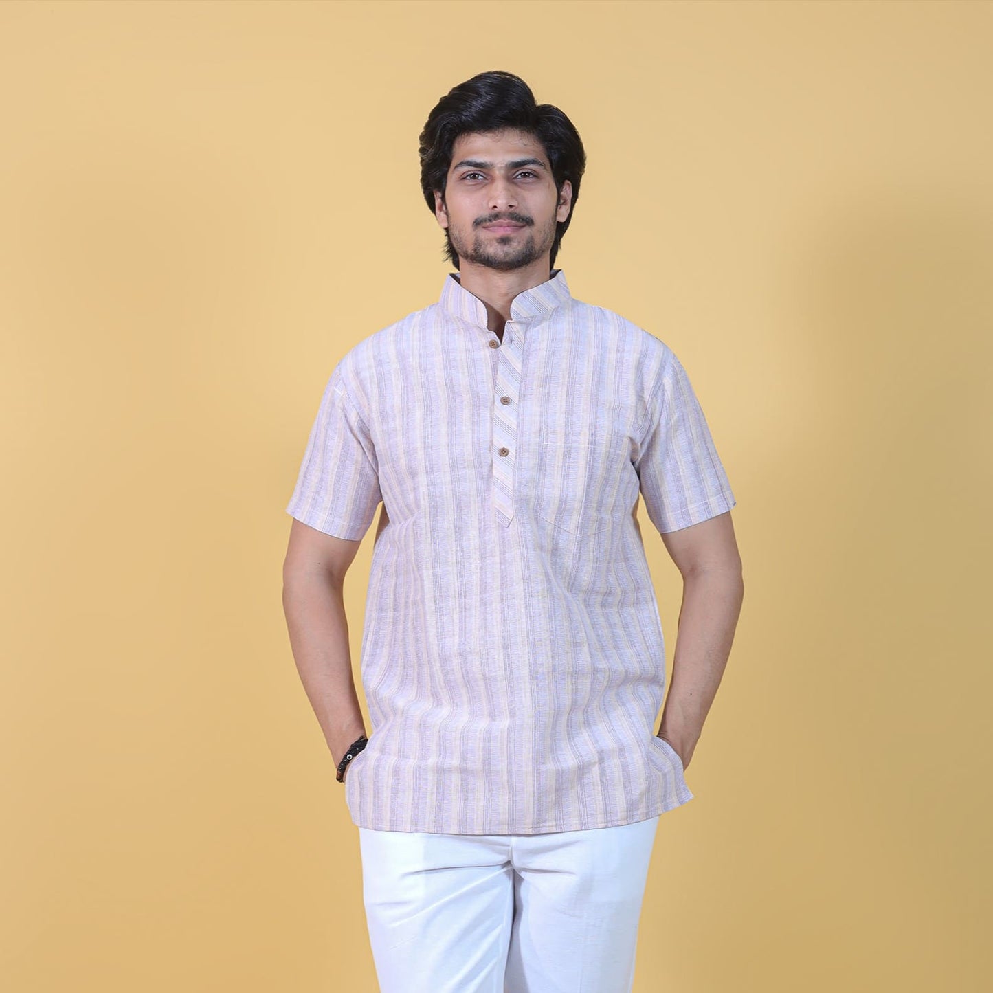 Skin wide stripe khadi cotton short kurta front view half sleeves