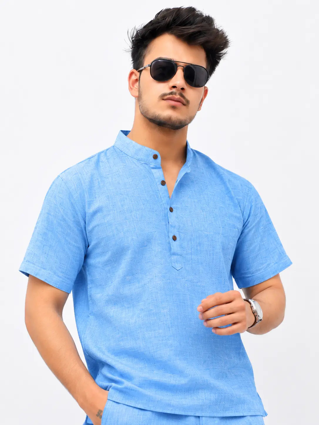 Blue Solid Half Sleeves Cotton Co ord Set