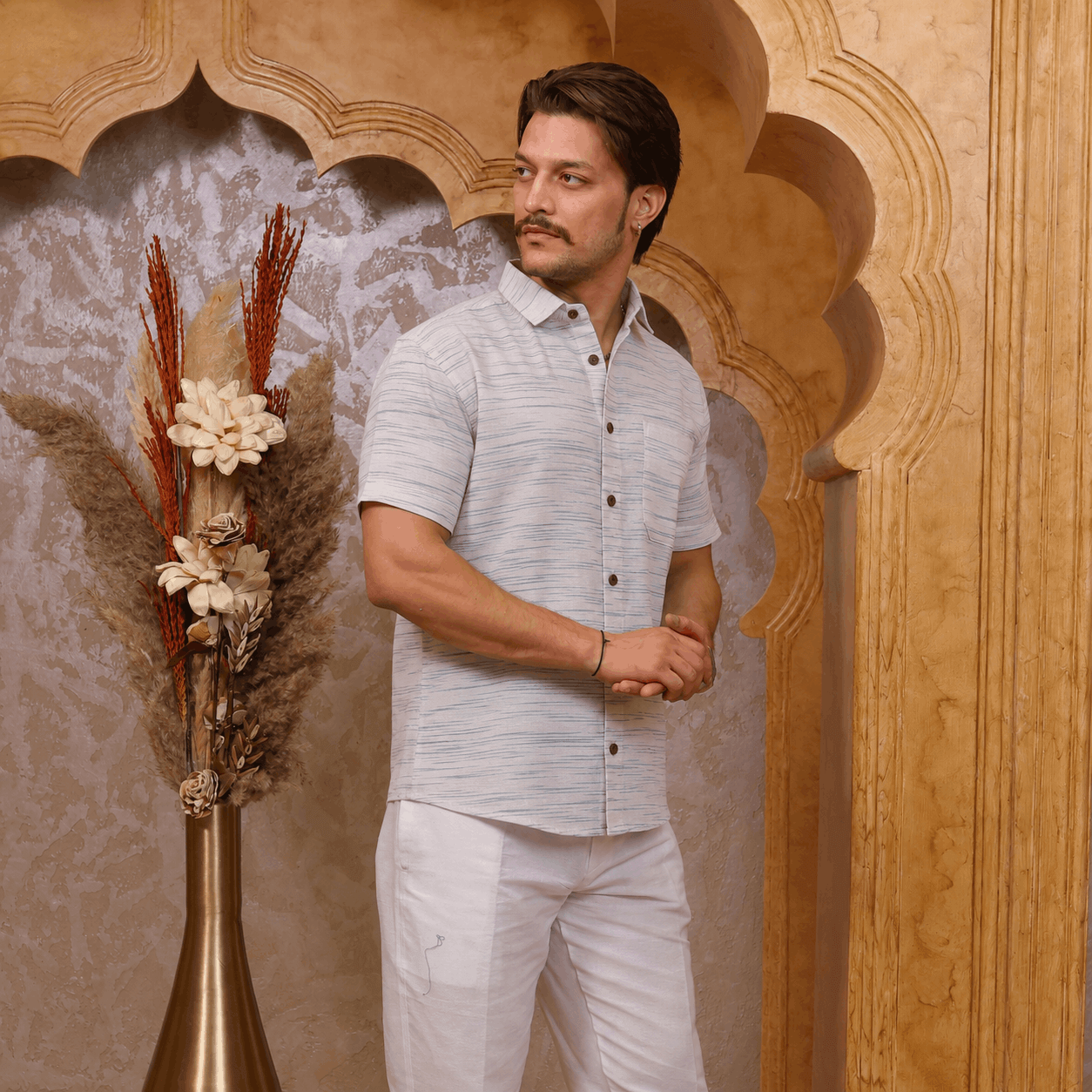 Blue Pattern White Jharna Cotton Shirt for Men | Half Sleeves