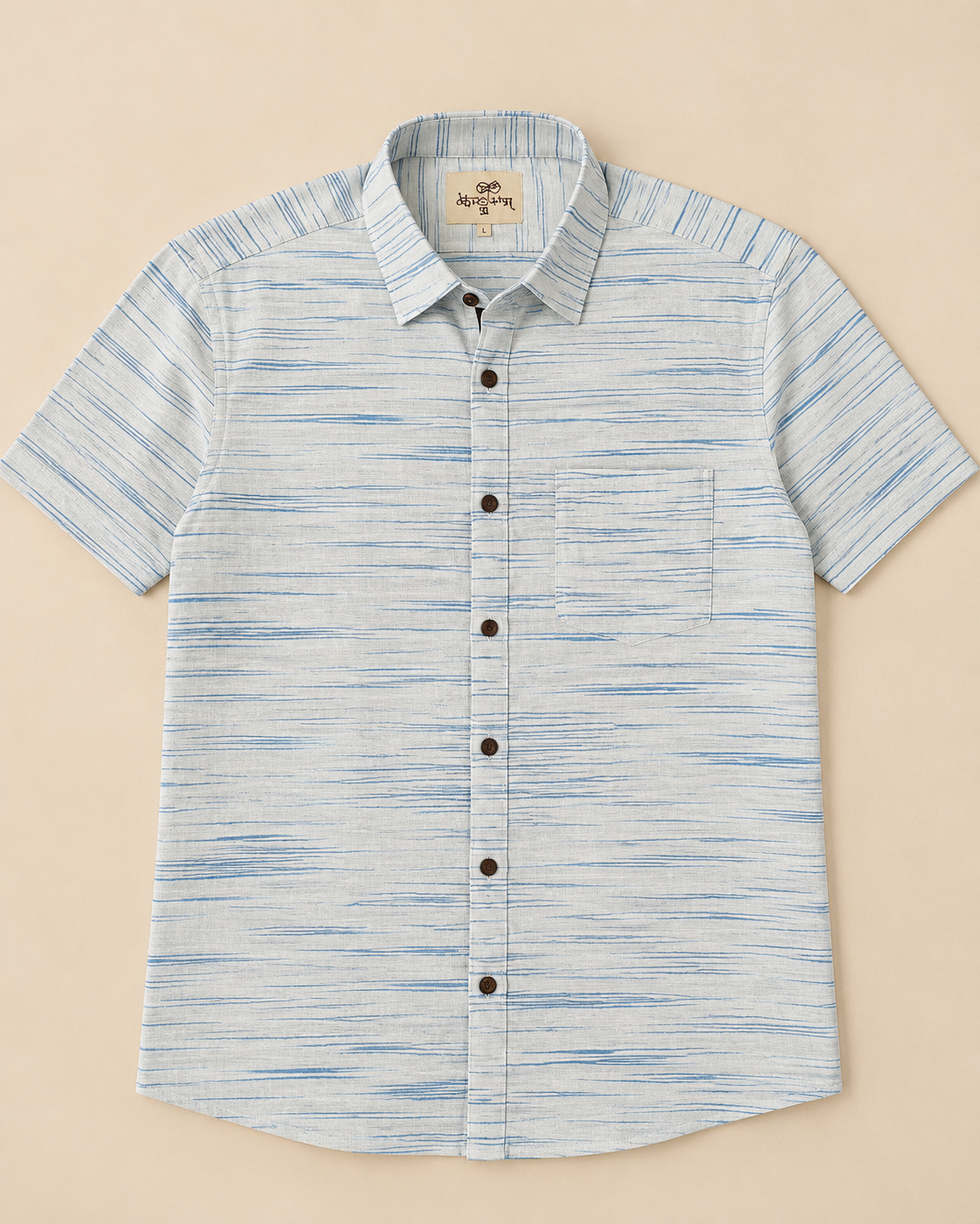 Blue and white Jharna pattern on Kargham men's half-sleeve handloom cotton shirt