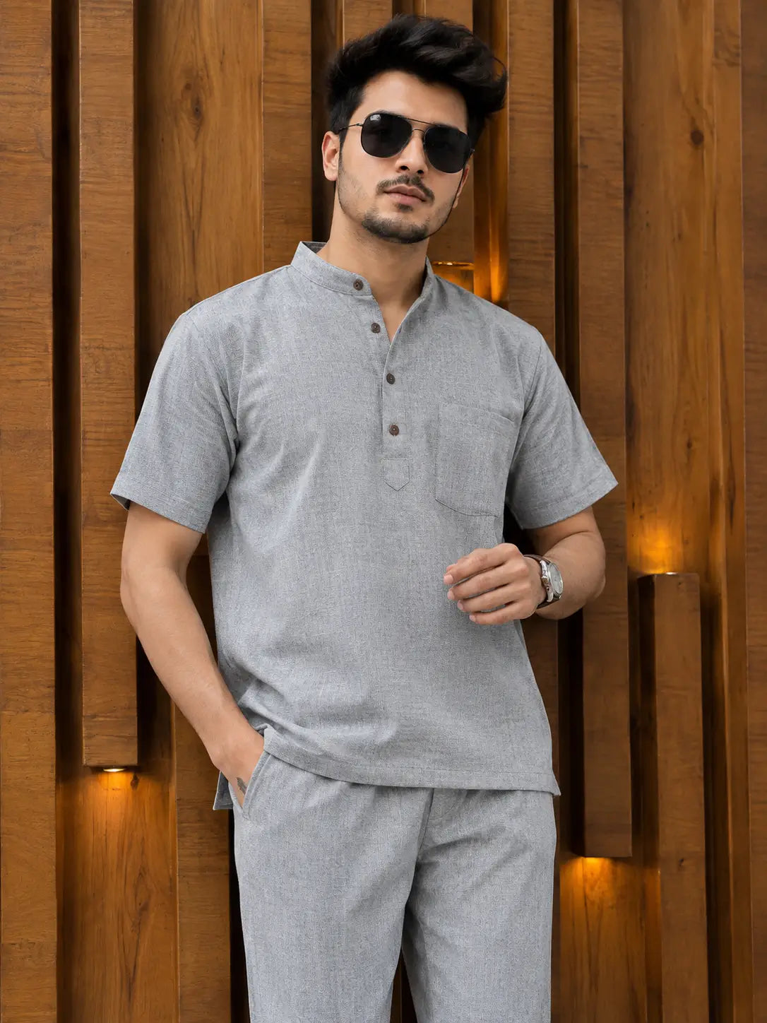 Grey Solid Half Sleeves Cotton Co ord Set