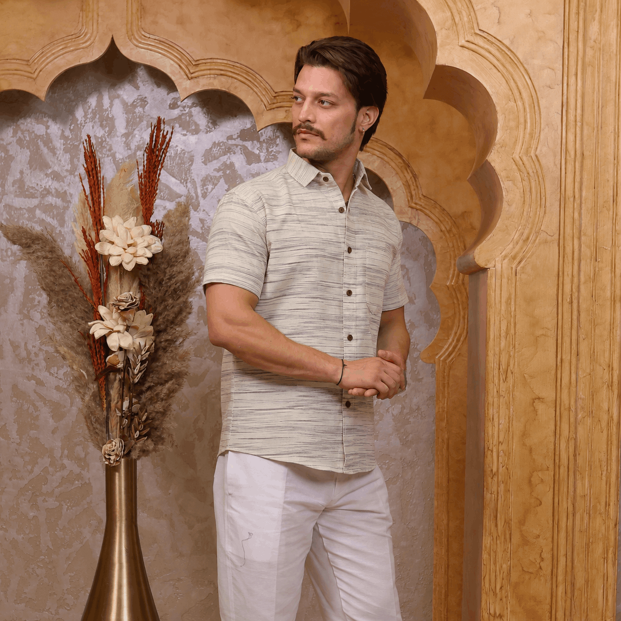Grey Pattern White Jharna Cotton Shirt for Men | Half Sleeves