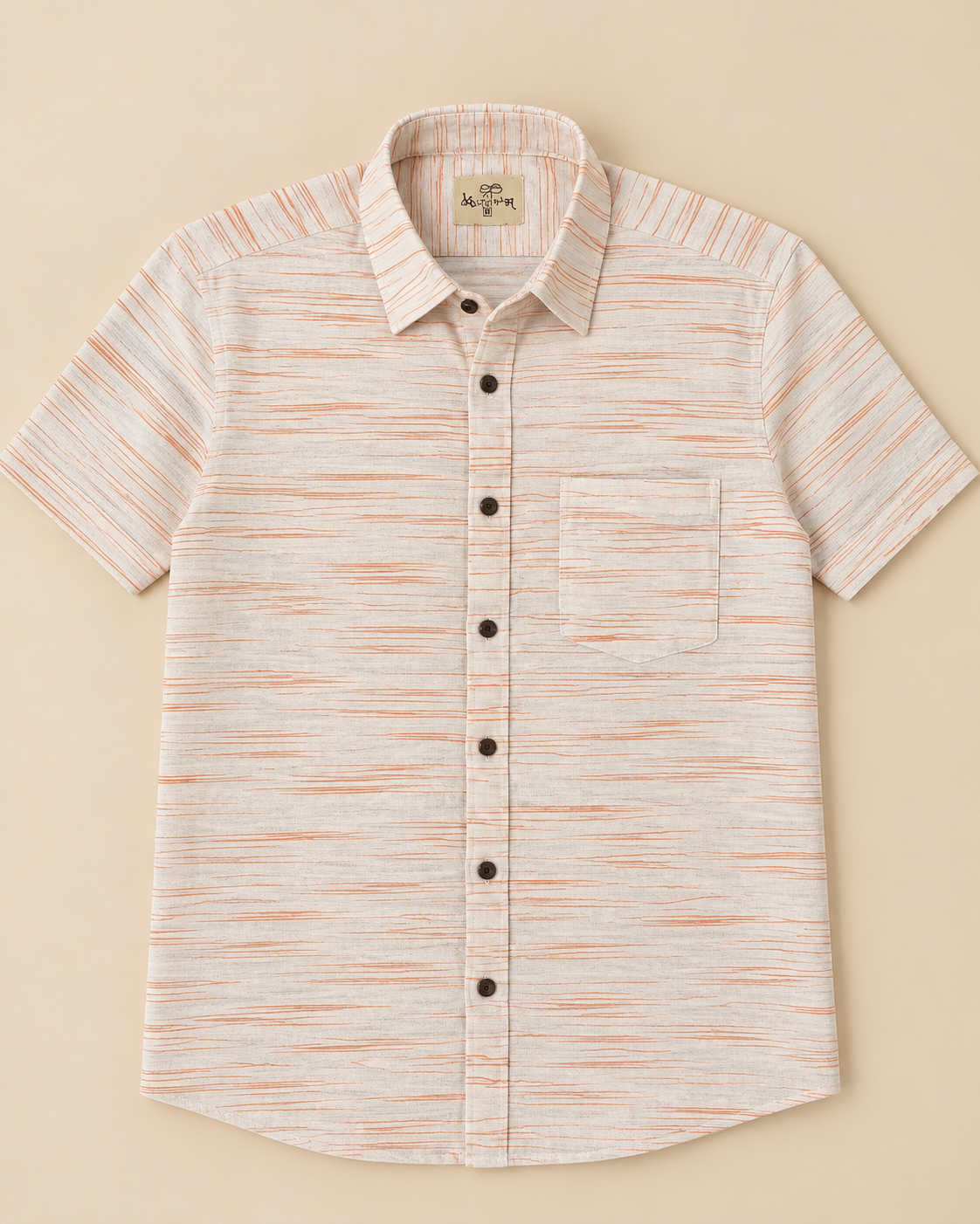 Light Orange-White Jharna Cotton Half Sleeve Shirt for Men by Kargham