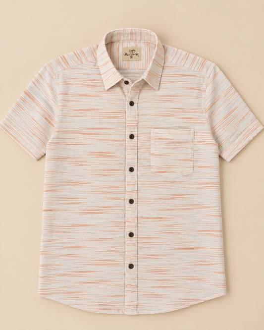 Light Orange Pattern White Jharna Cotton Shirt for Men | Half Sleeves