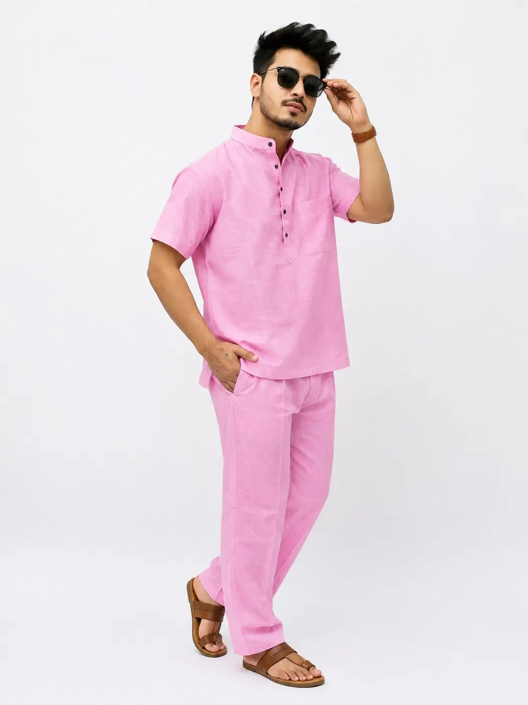 Pink Solid Half Sleeves Cotton Co ord Set