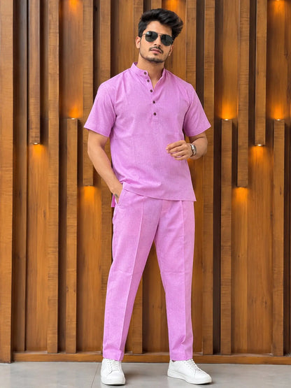 Pink Solid Half Sleeves Cotton Co ord Set